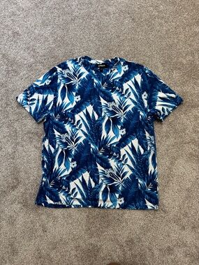 Express Blue & White Tropical Leaf Short Sleeve Tee